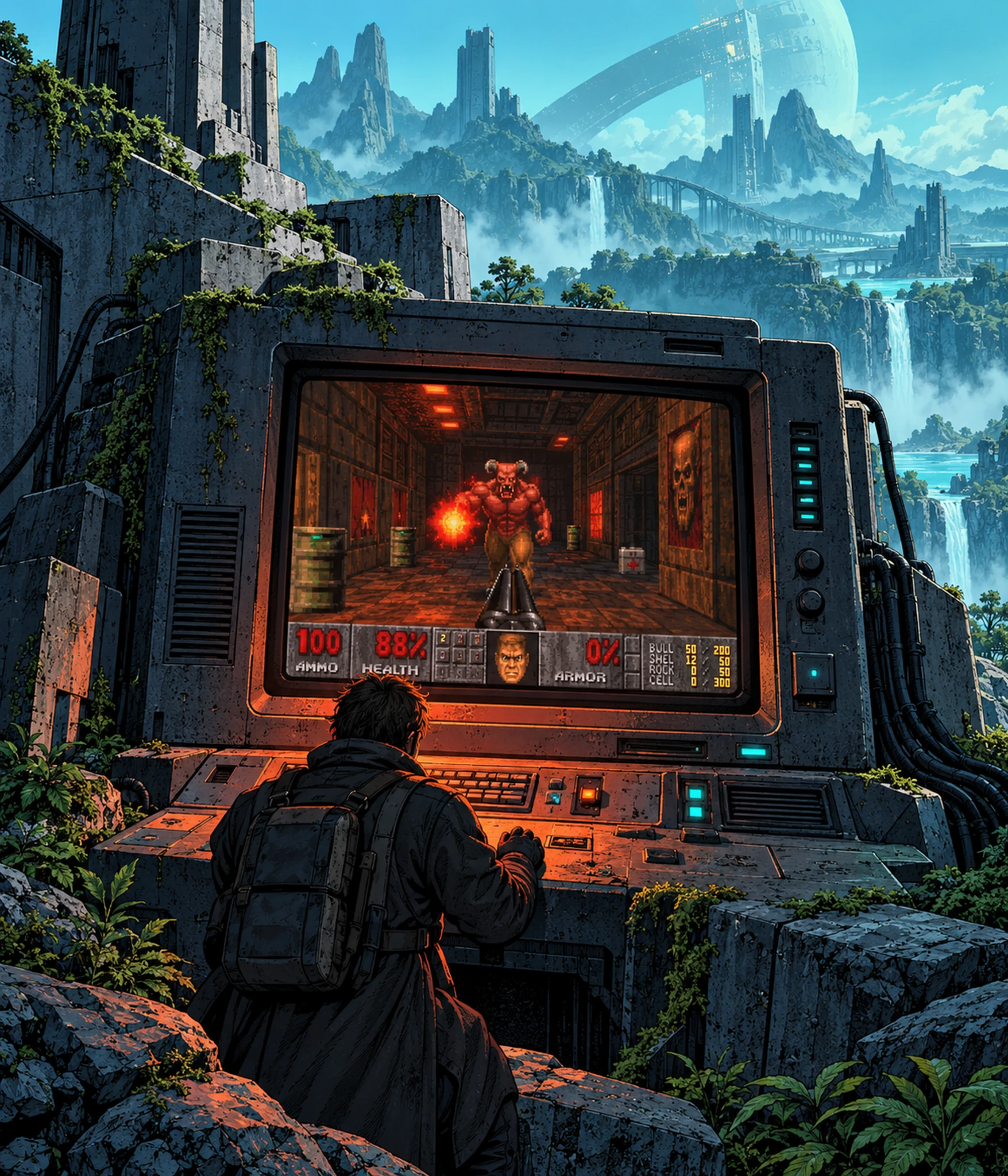 A player at a giant DOOM terminal among overgrown towers and waterfalls